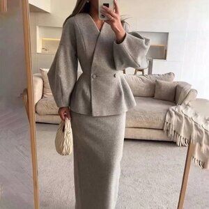 Light Grey Elegant Women's Casual Button Front Two Pieces Suit